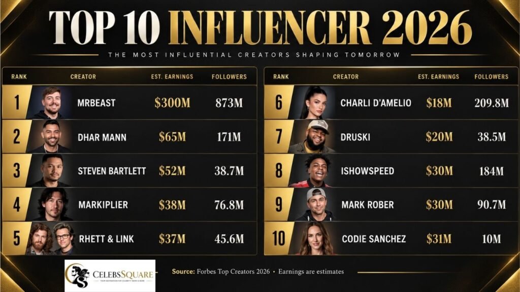 Top 10 influencers of 2026 ranked by estimated earnings and followers, led by MrBeast, Dhar Mann and Steven Bartlett
